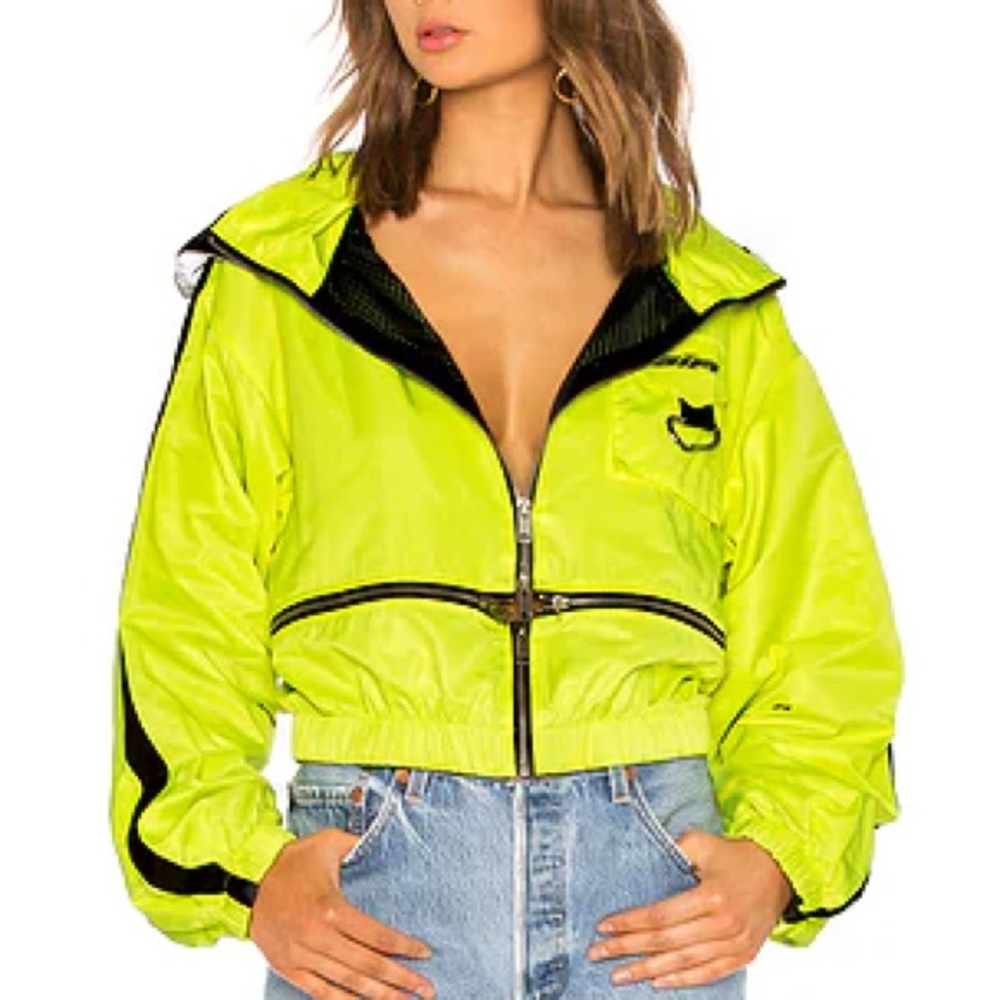 New Neon Yellow Cropped Windbreaker Jacket Cross Zipper Streetwear Small